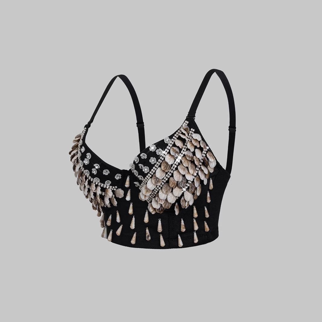 Sexy Black Bralette with Shell and Flower Decorations