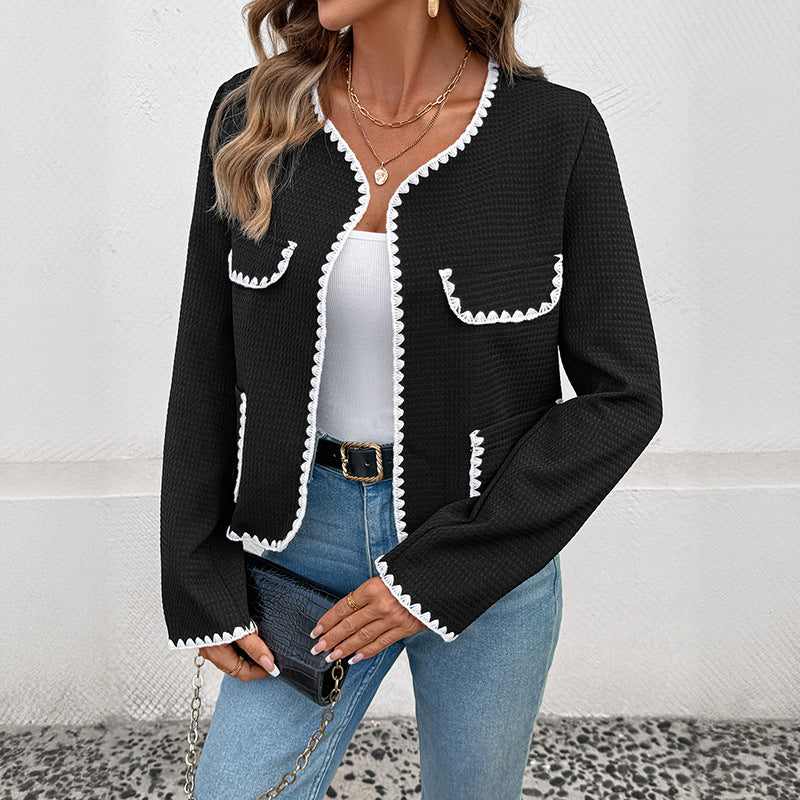 Women's Loose V-neck Decorative Edge Color-blocking No-button Jacket
