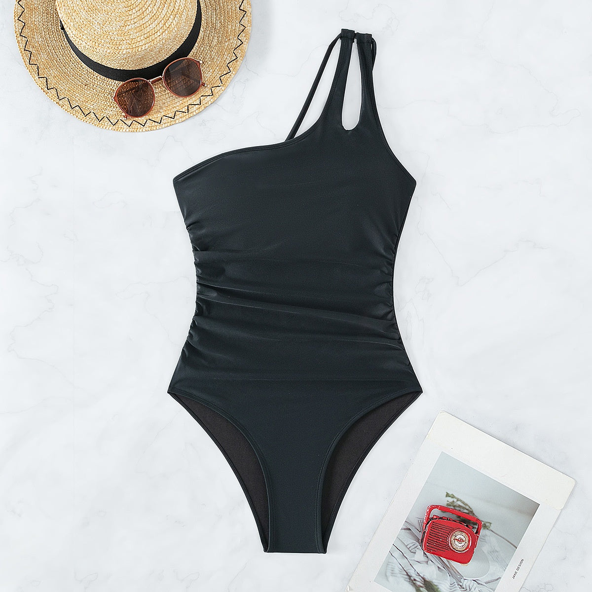 Solid Color One-Shoulder Sexy High-Waist One-Piece Bikini Swimsuit for Women