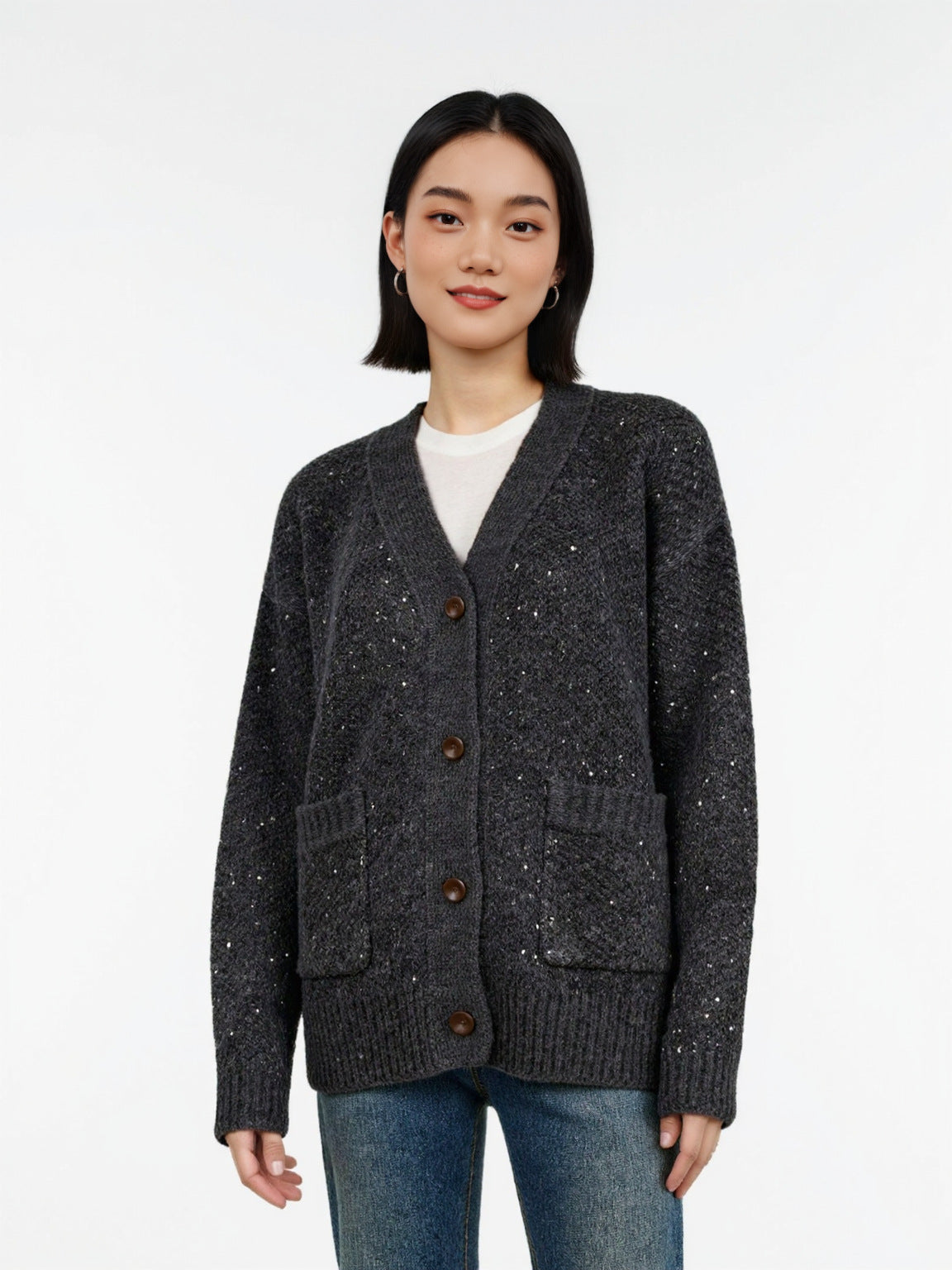 Sequin Design Long Sleeve Sweater Knit Cardigan Women's Heavyweight Thick Casual Loose Top