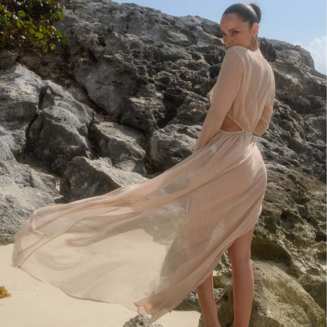 Cross-border New Pure Color Chiffon Sexy Long Sleeve Beach Dress European and American Bright Color Jumpsuit Three Colors