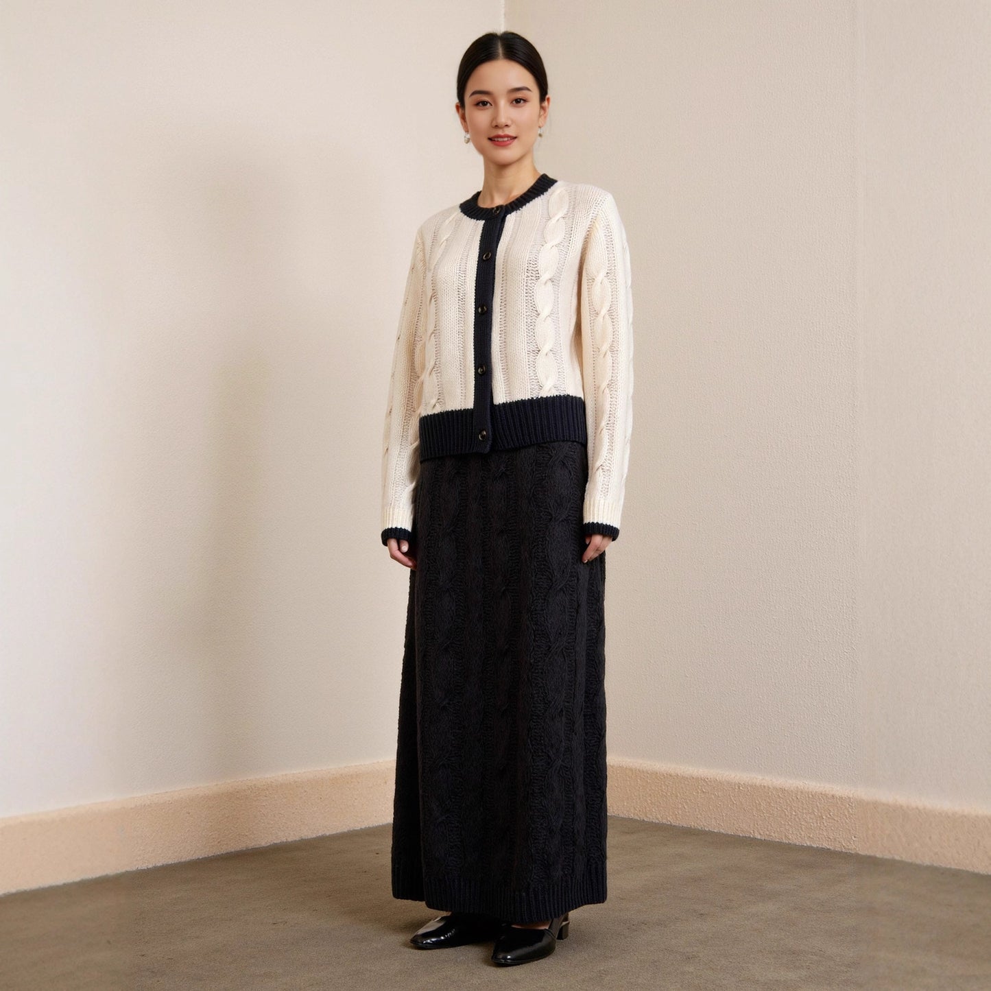 Retro Cable Knit Cardigan Colorblock Elegant Round Neck Full Wool Long Sleeve Sweater Versatile Top