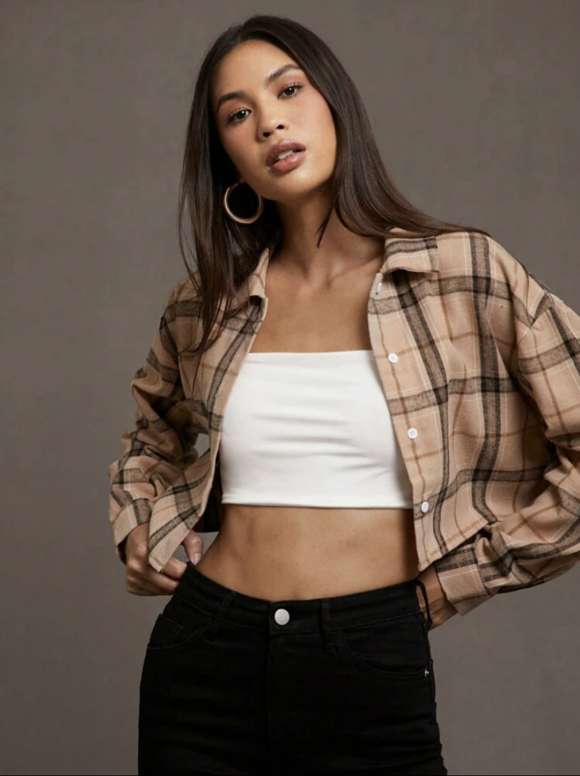 European And American Women's Clothing Short Long Sleeve Plaid Cropped Hot Girl Lapel Shirt
