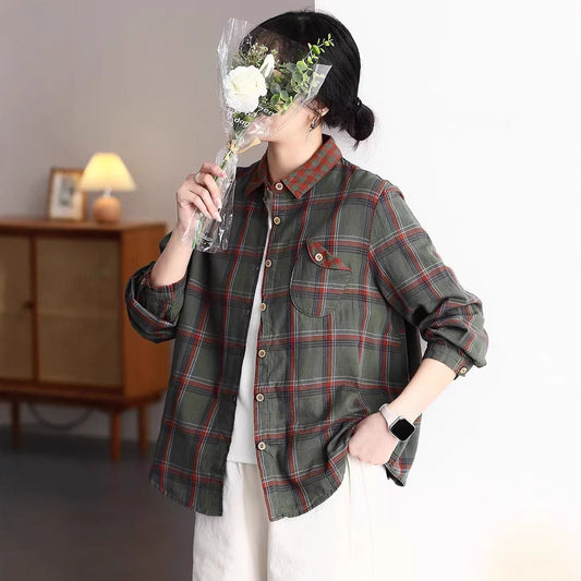 Spring New Cotton Plaid Shirt Women's Casual Versatile Loose Slim Korean Version Long Sleeve Blouse