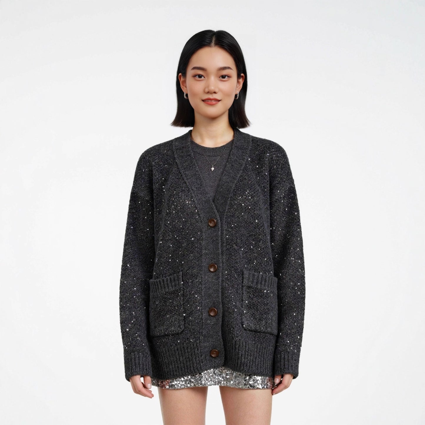 Sequin Design Long Sleeve Sweater Knit Cardigan Women's Heavyweight Thick Casual Loose Top