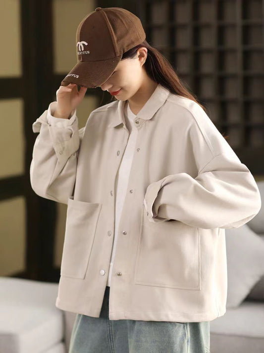 Literary Large Pocket Women's Single Breasted Notched Lapel Long Sleeve Cardigan Casual Outerwear