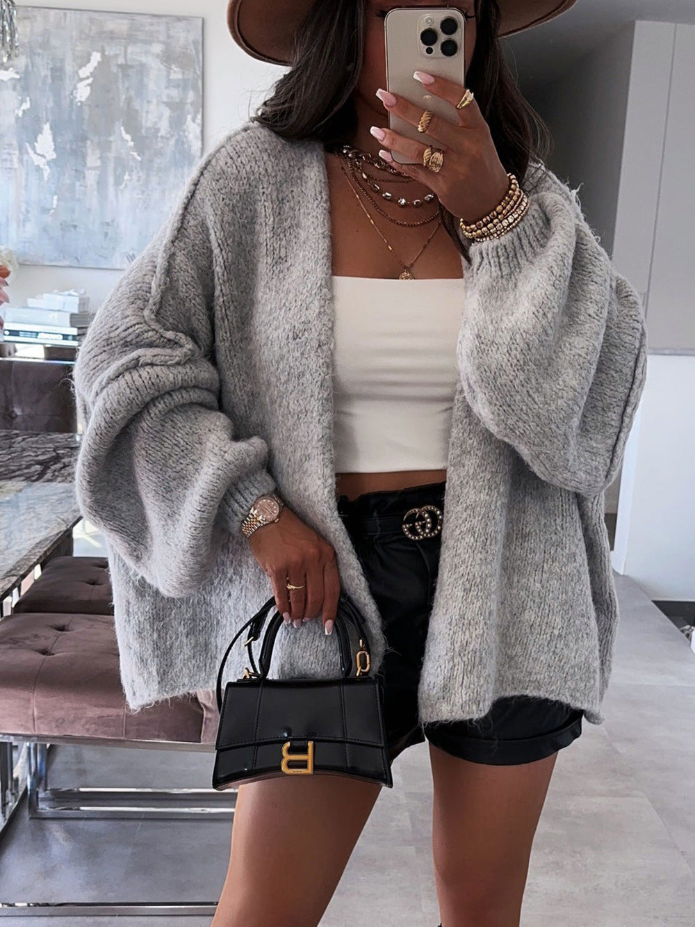 Loose solid color medium length knitted sweater cardigan jacket