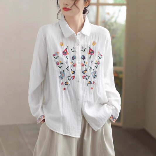 New Women's White Spring Casual Embroidered Simple Long Sleeve Turn-Down Collar Double Layer Cotton Gauze Blouse