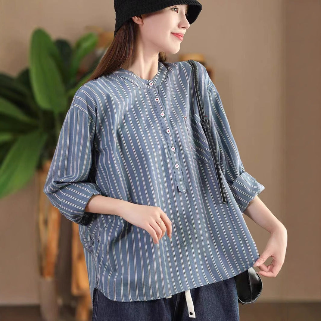 Vintage Vertical Striped Cotton Shirt Women's Handmade Embroidered Long Sleeve Top