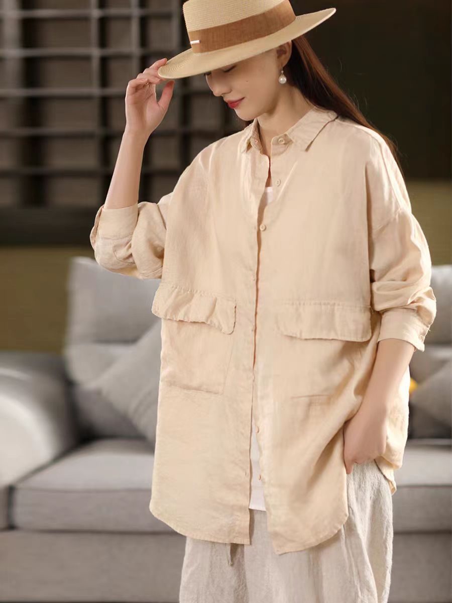 Linen Shirt Women Vintage Sand-Washed Mid-Length Large Pocket Loose Cardigan Outerwear Top