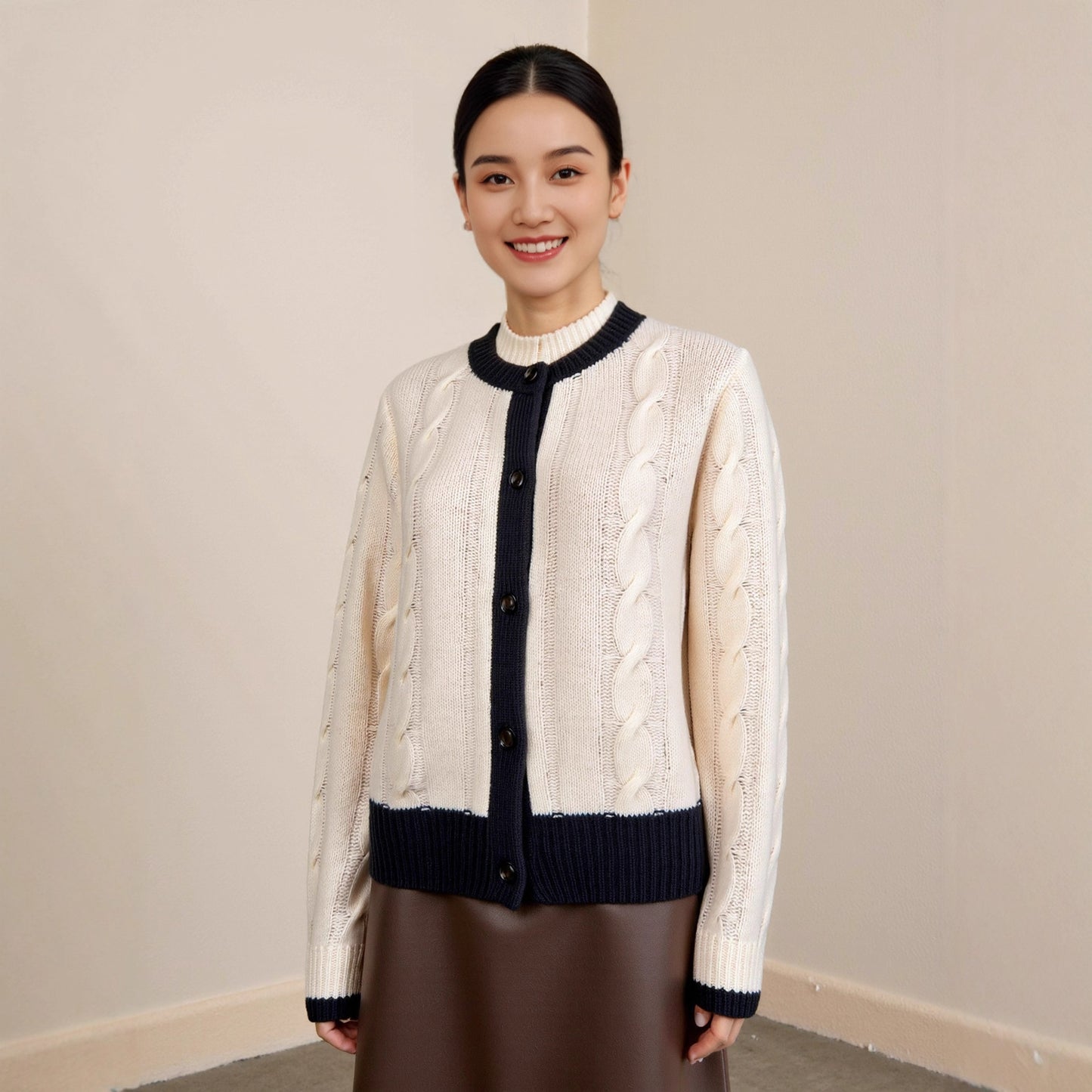 Retro Cable Knit Cardigan Colorblock Elegant Round Neck Full Wool Long Sleeve Sweater Versatile Top