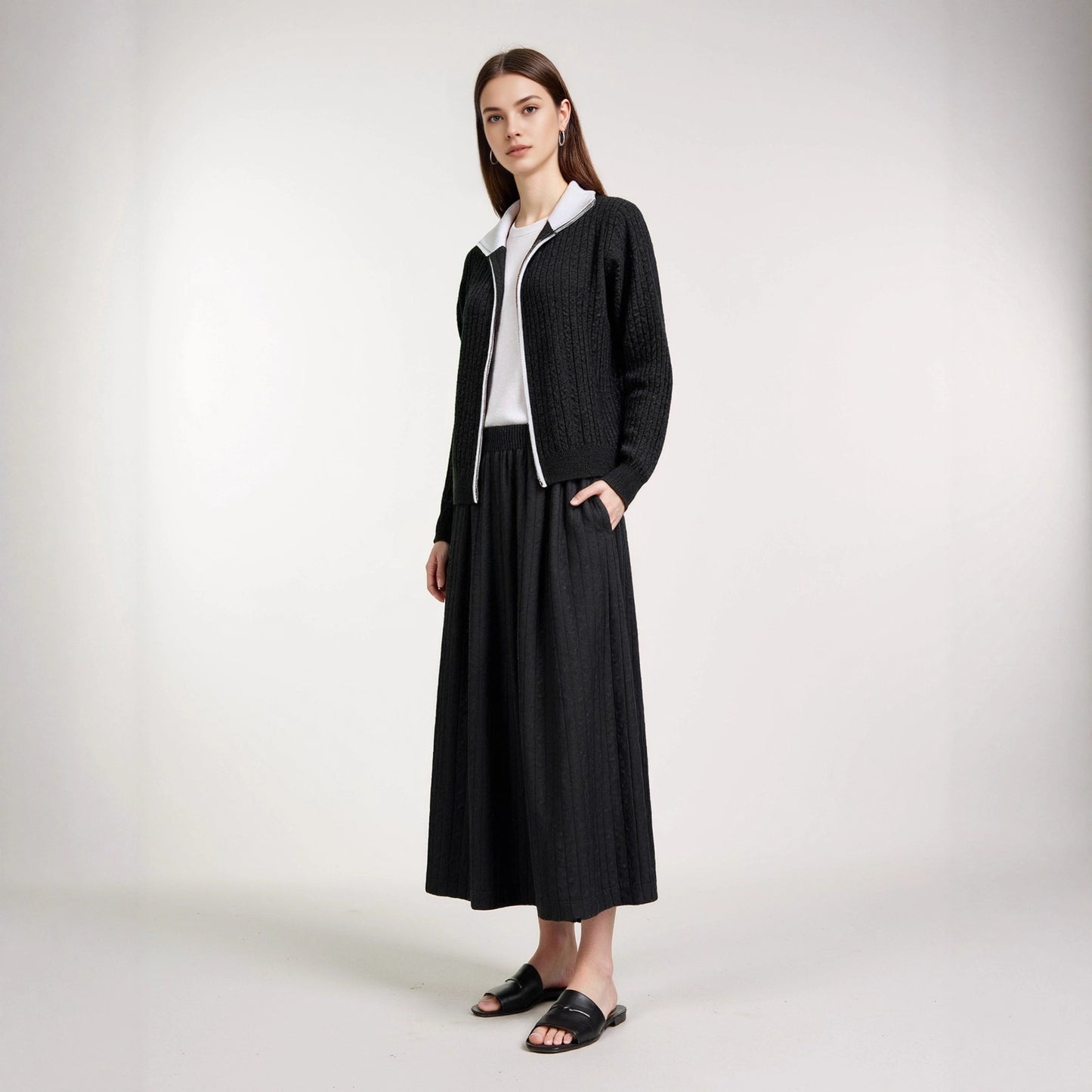 Elegant Contrast Color Knit Cardigan Women's Versatile Comfortable Turn-Down Collar Long Sleeve Cable Knit Sweater Jacket