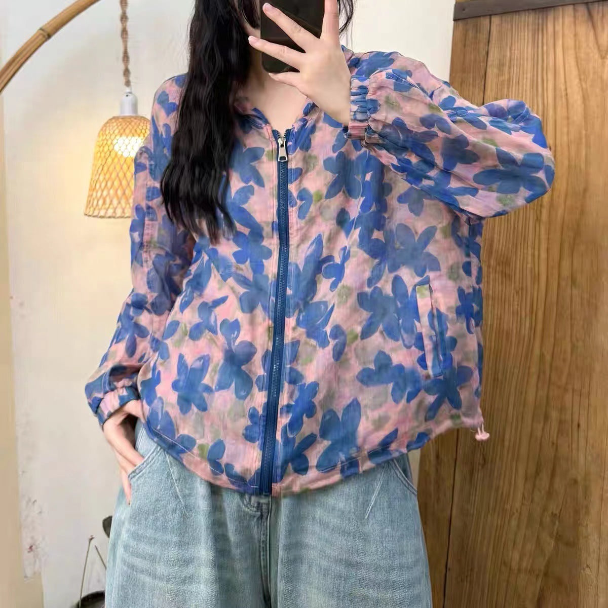 All-Match Digital Print Design Zipper Hooded Ramie Sunscreen Jacket Women