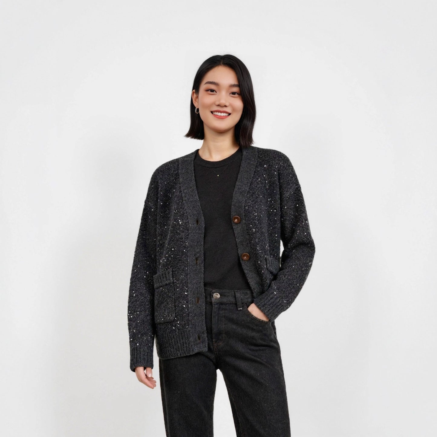Sequin Design Long Sleeve Sweater Knit Cardigan Women's Heavyweight Thick Casual Loose Top