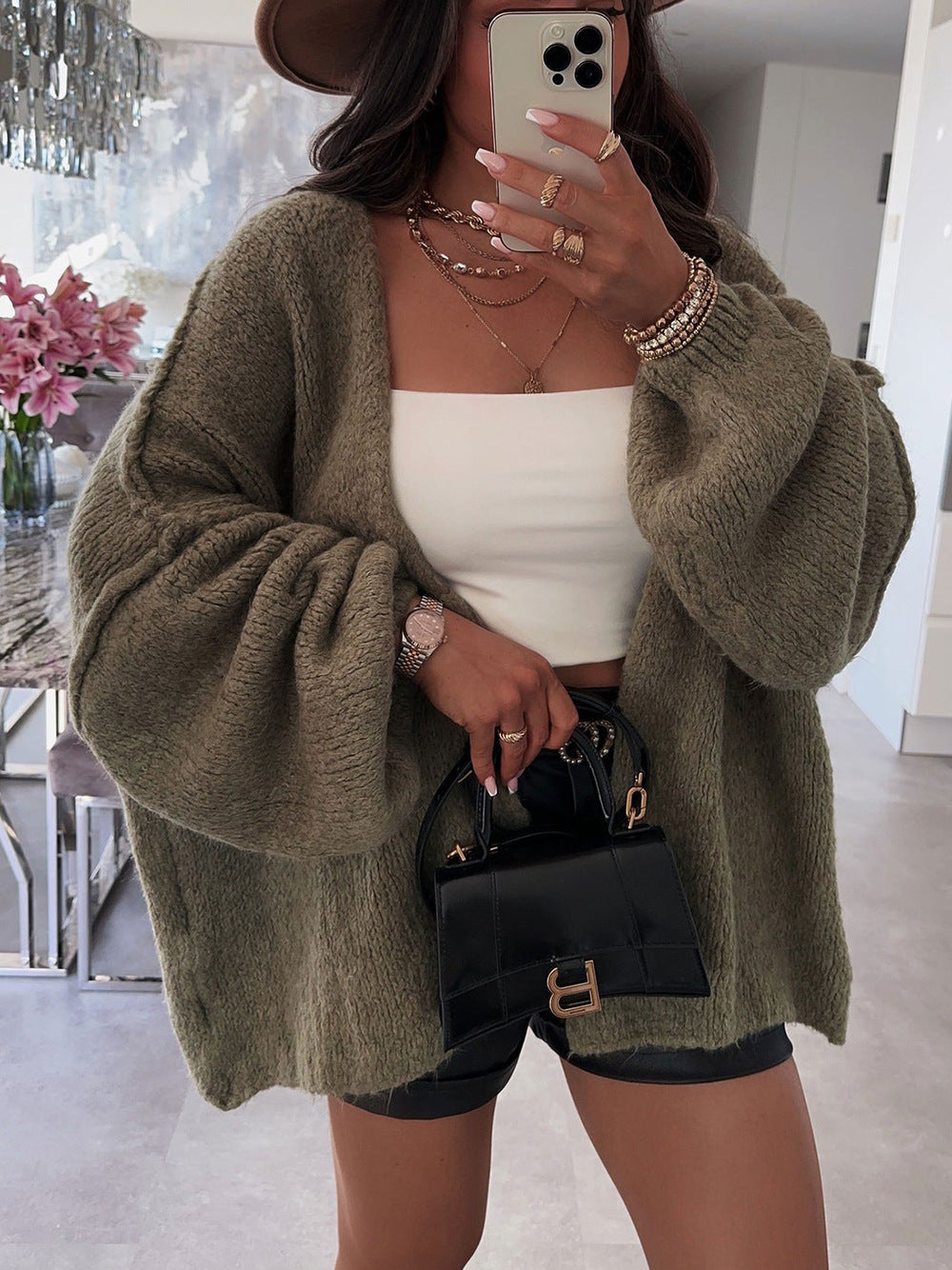 Loose solid color medium length knitted sweater cardigan jacket