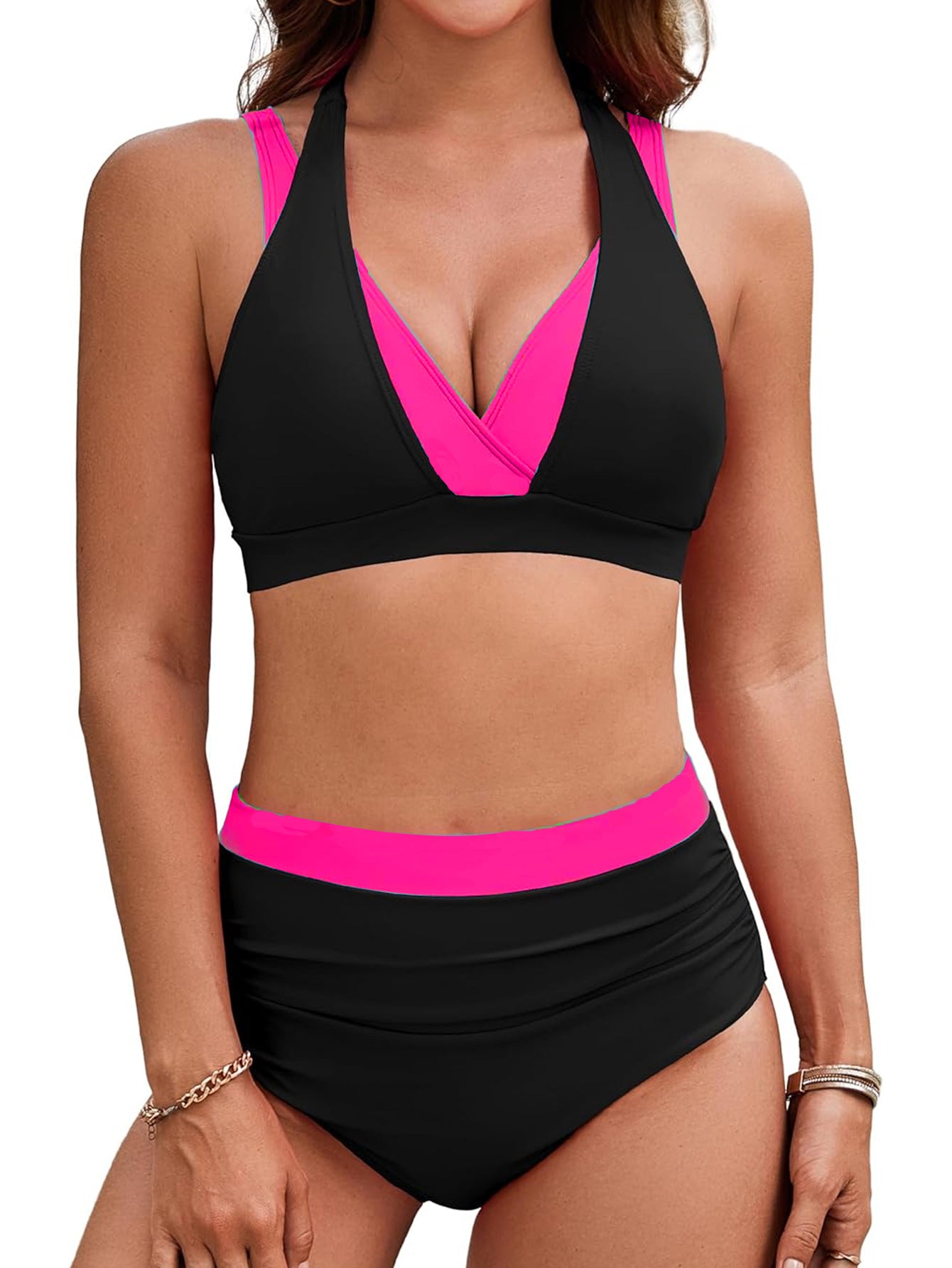 Color-blocked Halter High-waisted Sexy Bikini Two-piece Swimsuit for Women