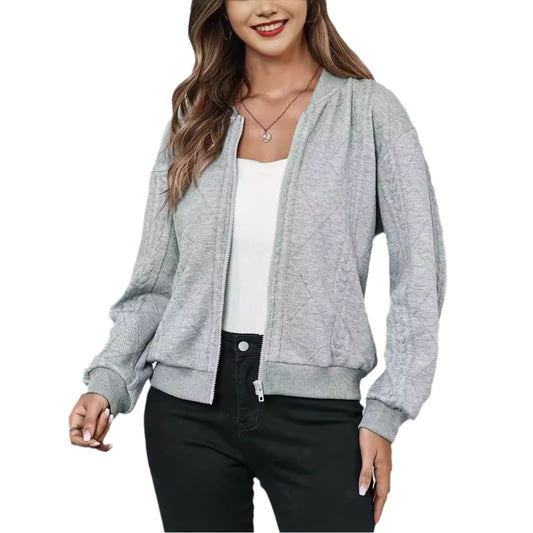Women's Solid Color Zipper Long Sleeve Loose Jacket Casual Versatile