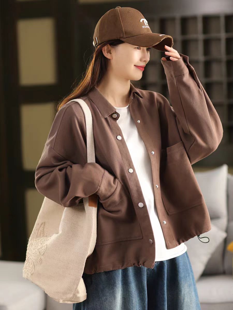 Literary Large Pocket Women's Single Breasted Notched Lapel Long Sleeve Cardigan Casual Outerwear