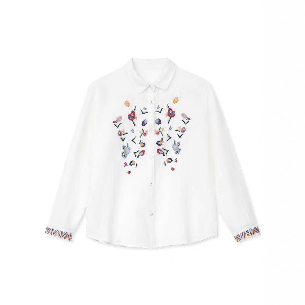 New Women's White Spring Casual Embroidered Simple Long Sleeve Turn-Down Collar Double Layer Cotton Gauze Blouse