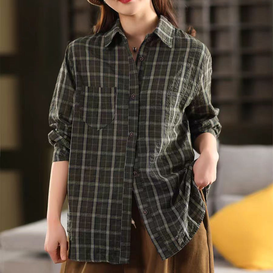 Spring New Literary Texture Cotton Blouse Women's Color Woven Plaid Long Sleeve Shirt Cardigan Top