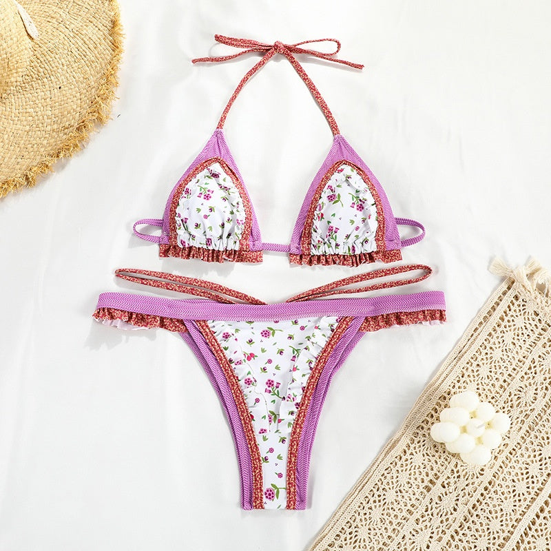 Cross-border Strap Separate Swimsuit for Women Sexy Splicing Backless Printed Bikini