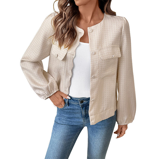 Round neck single breasted pocket loose long sleeved jacket for women