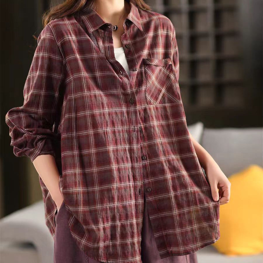Spring New Literary Texture Cotton Blouse Women's Color Woven Plaid Long Sleeve Shirt Cardigan Top