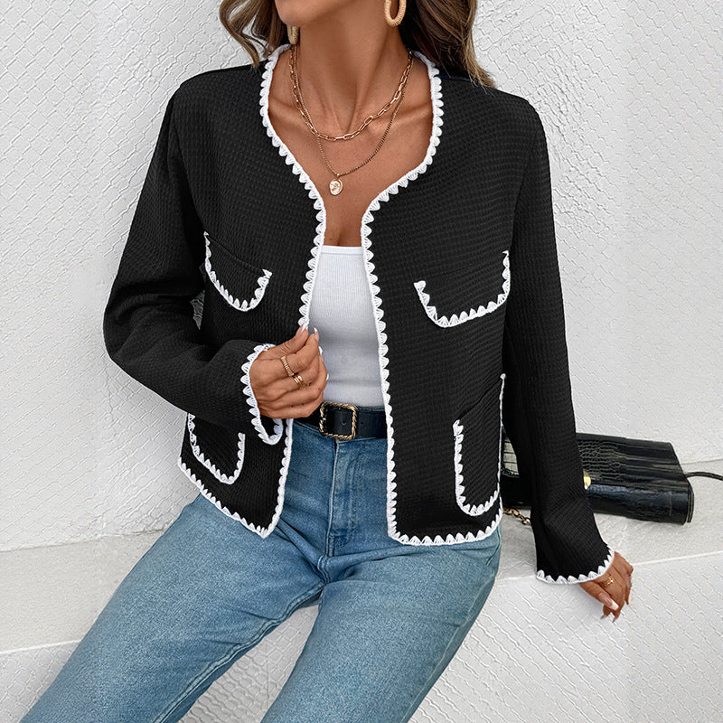 Women's Loose V-neck Decorative Edge Color-blocking No-button Jacket