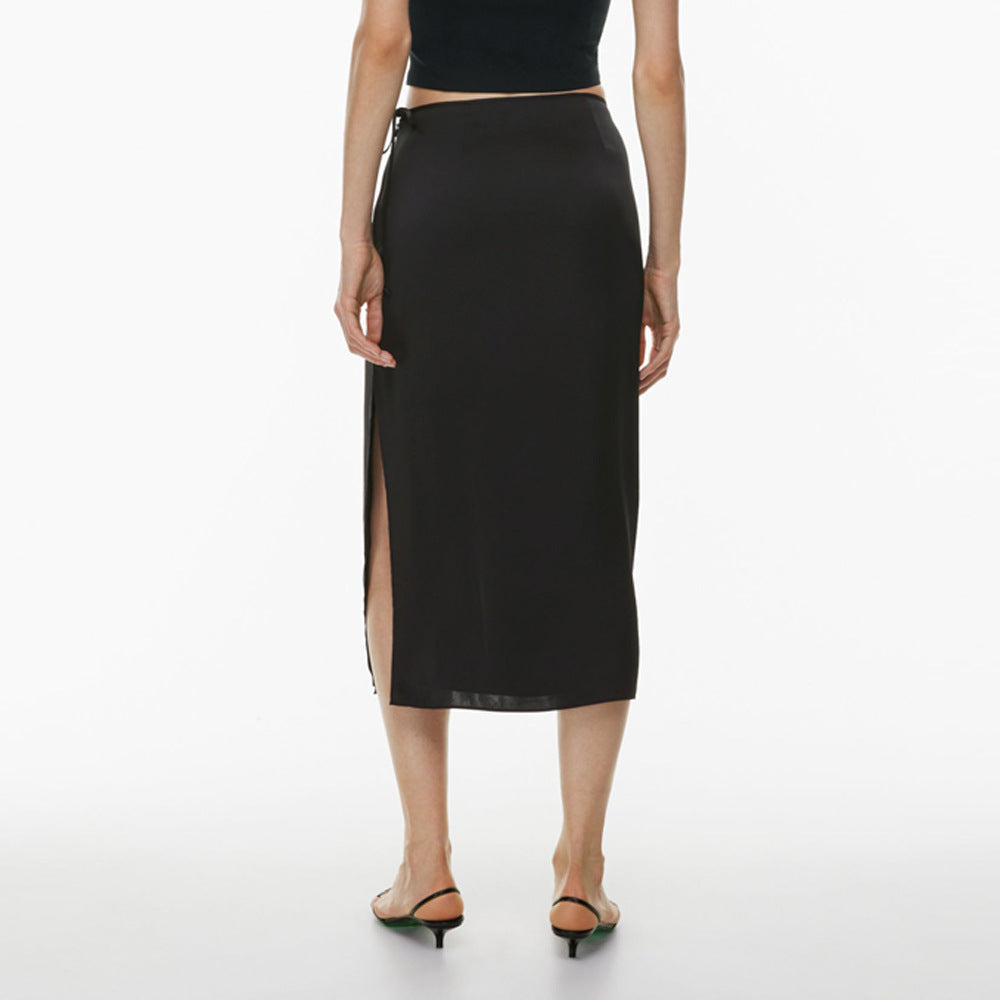 Women's Belted Skirt High Waist Slit Straight Skirt