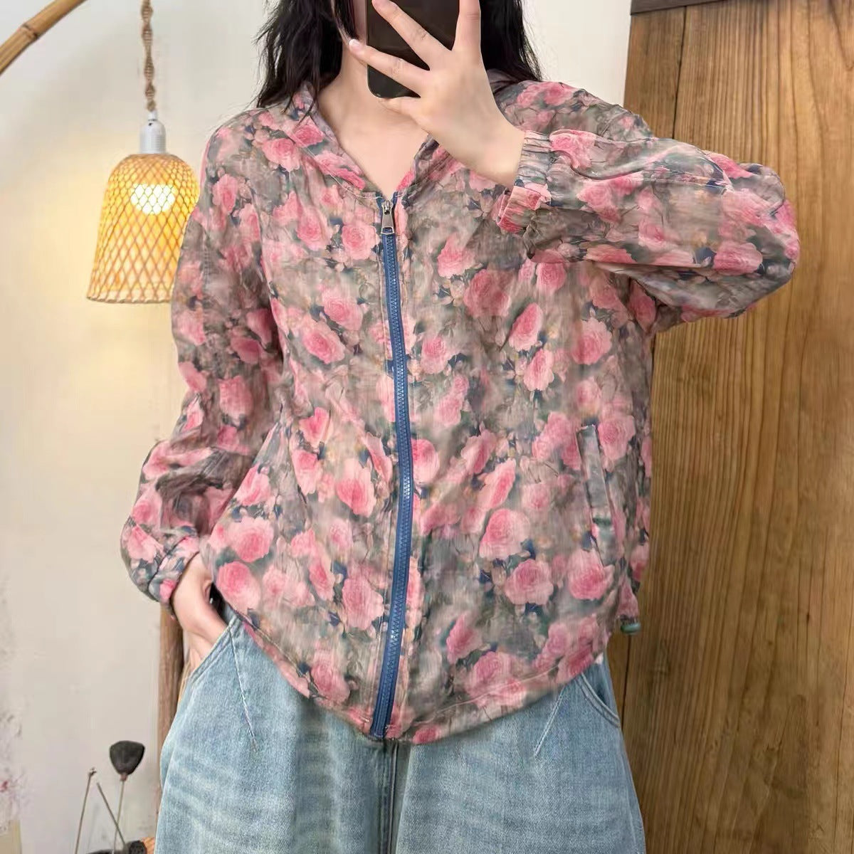 All-Match Digital Print Design Zipper Hooded Ramie Sunscreen Jacket Women