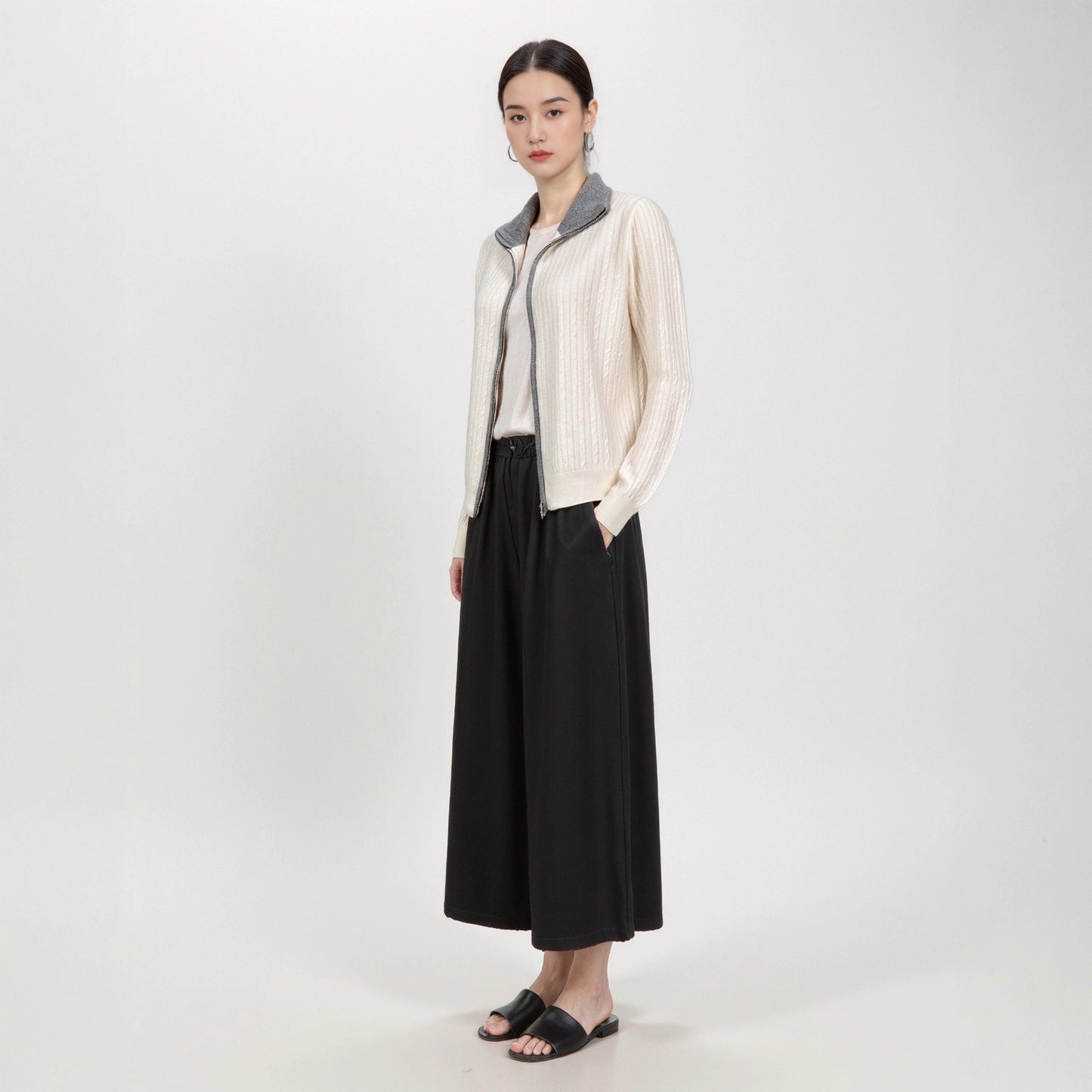 Elegant Contrast Color Knit Cardigan Women's Versatile Comfortable Turn-Down Collar Long Sleeve Cable Knit Sweater Jacket