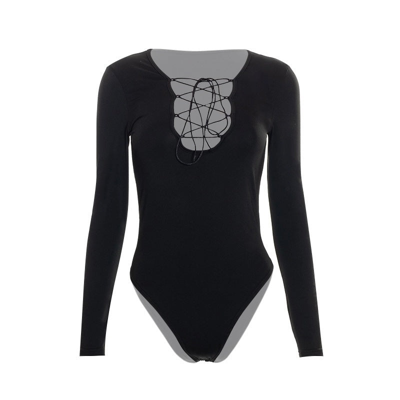 Solid Color Fitted Lace-Up Hollow Out Women's Long Sleeve Fashion Belted Jumpsuit Thin