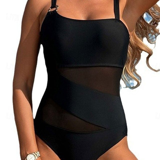 One-Piece Bikini Sexy Solid Color Splicing Swimsuit Women's Netted Bikini
