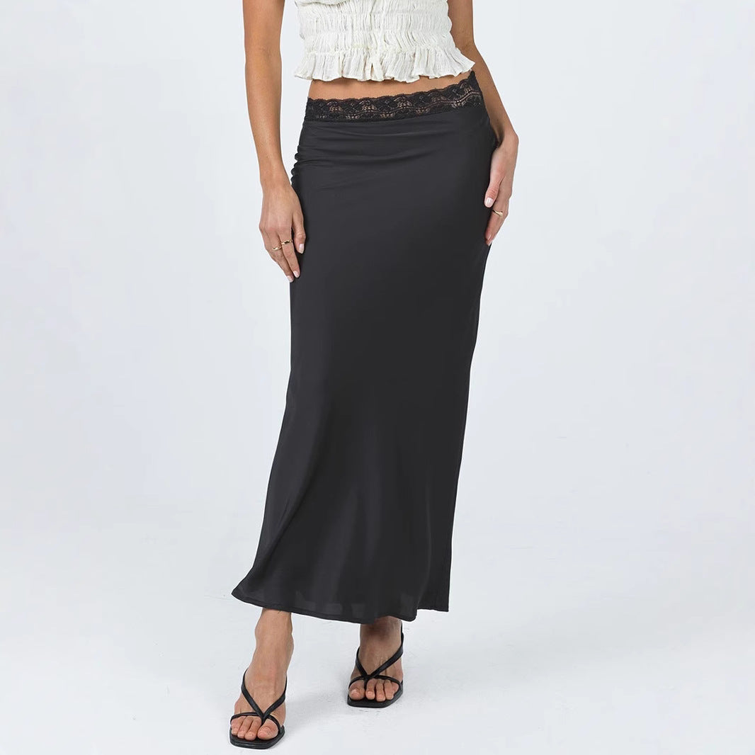 Lace Waist Satin Skirt  Elastic Fitted Long Skirt Women