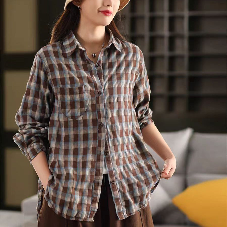 Spring New Literary Texture Cotton Blouse Women's Color Woven Plaid Long Sleeve Shirt Cardigan Top