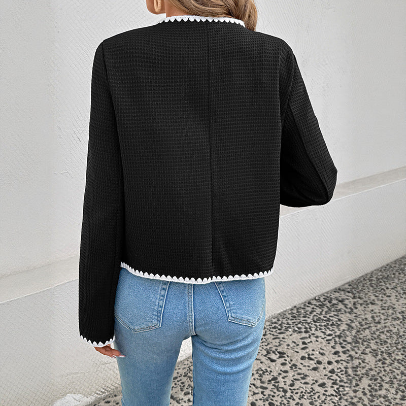 Women's Loose V-neck Decorative Edge Color-blocking No-button Jacket