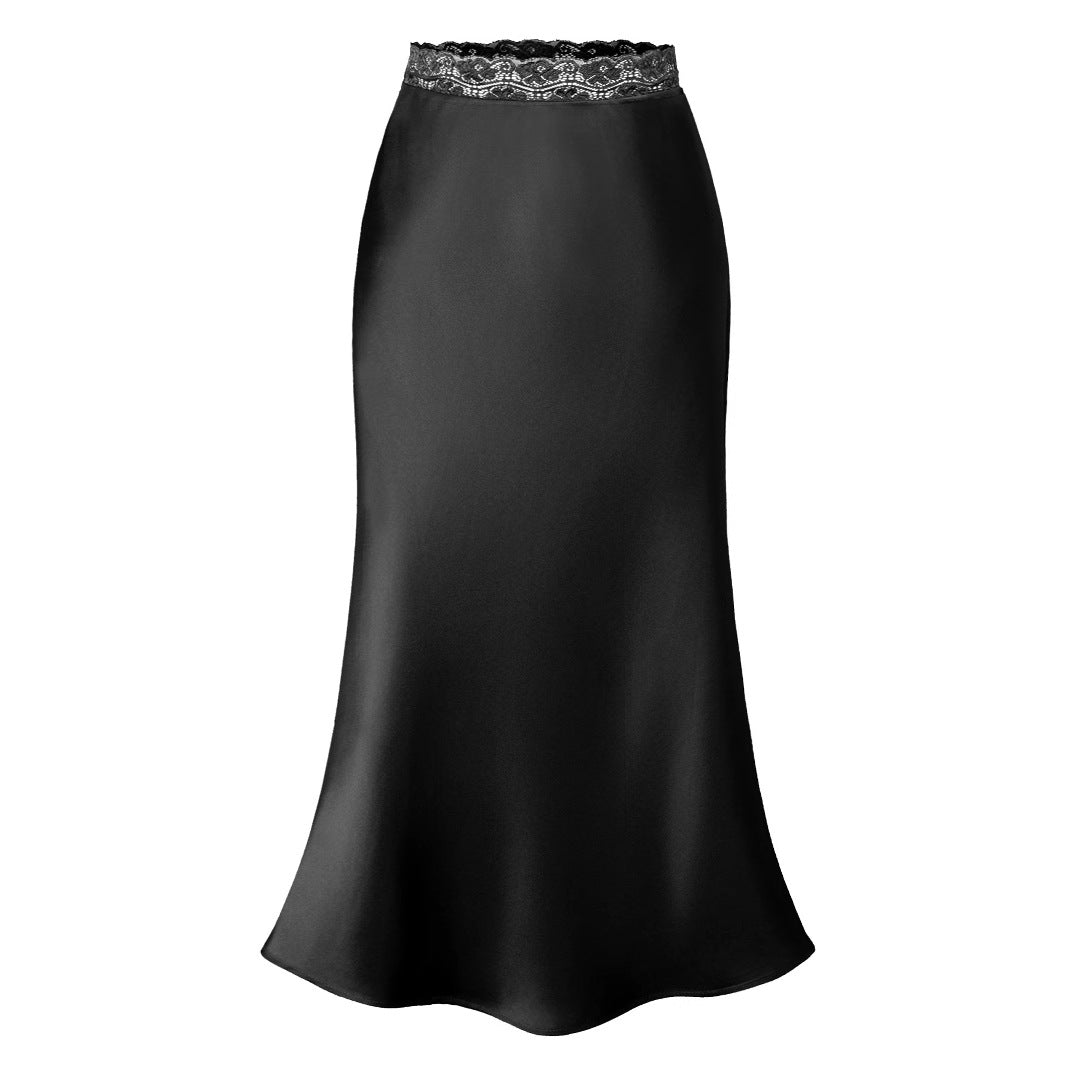 Lace Waist Satin Skirt  Elastic Fitted Long Skirt Women