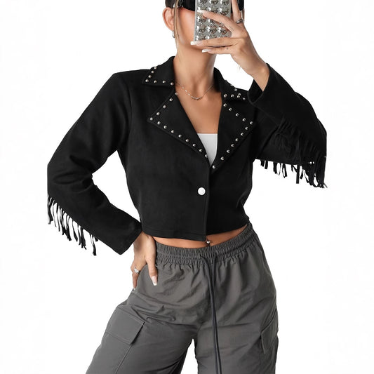 Suede Fringe Women's Short Jacket with Metal Studs Design