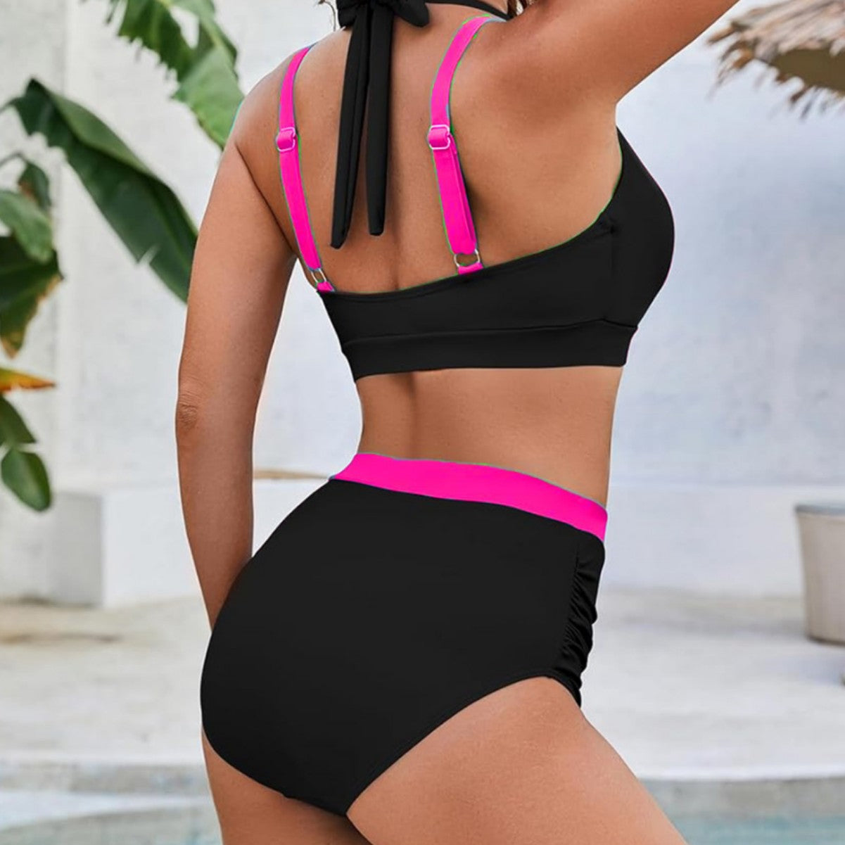 Color-blocked Halter High-waisted Sexy Bikini Two-piece Swimsuit for Women