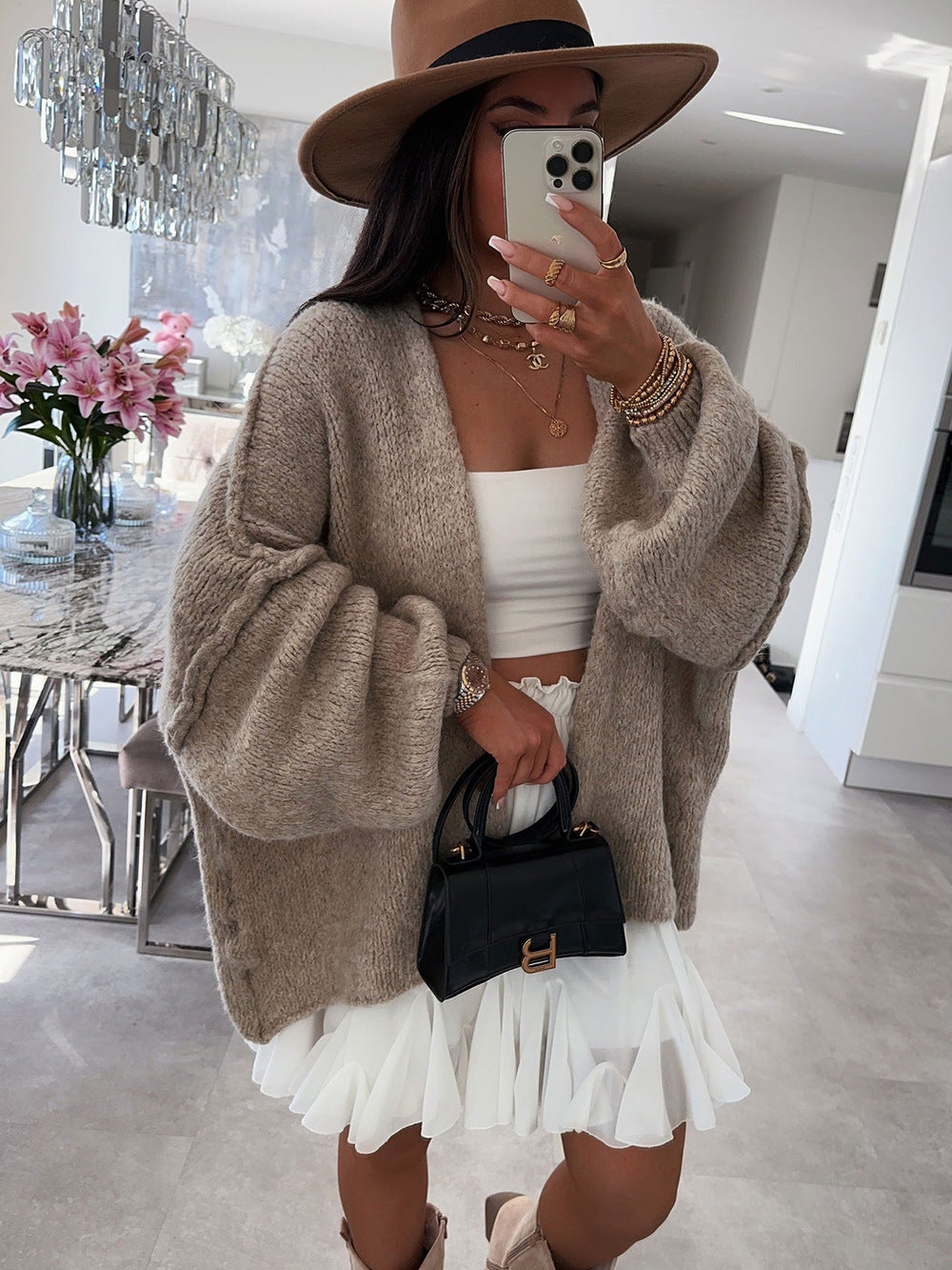 Loose solid color medium length knitted sweater cardigan jacket