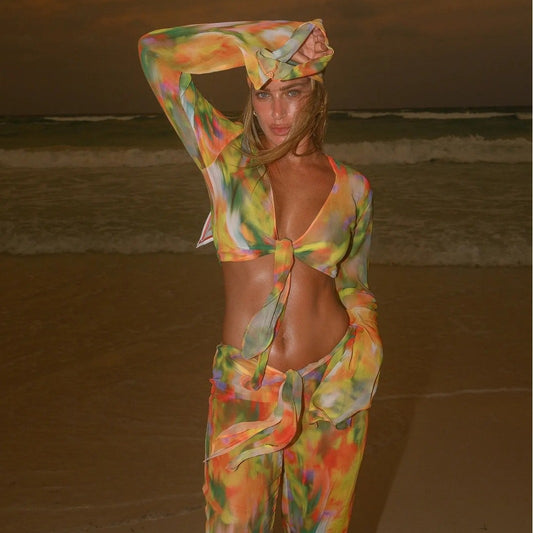 European and American Style Printed Striped Tie-Dye Belted Chiffon Beach Pants Set