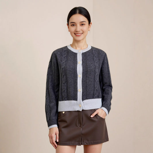 Retro Cable Knit Cardigan Colorblock Elegant Round Neck Full Wool Long Sleeve Sweater Versatile Top