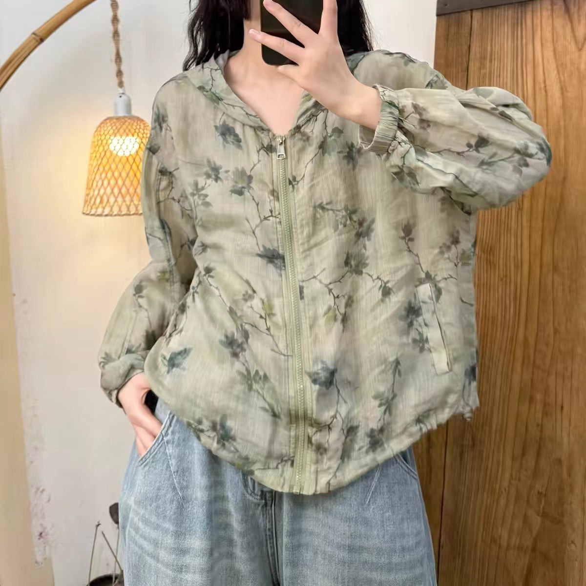 All-Match Digital Print Design Zipper Hooded Ramie Sunscreen Jacket Women