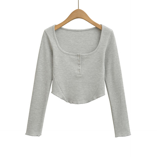 Front button display long sleeved short T-shirt