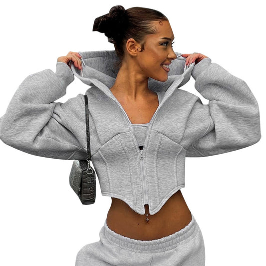 Casual zipper long sleeved hooded cardigan short jacket