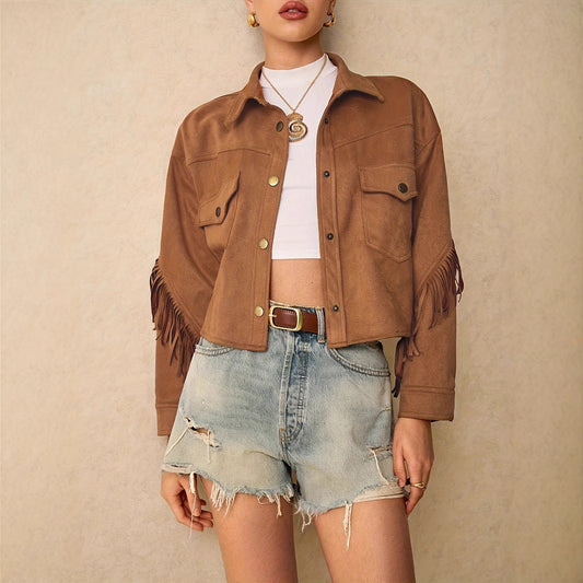 Women's Solid Color Drop Shoulder Long Sleeve Fringe Trim Casual Jacket