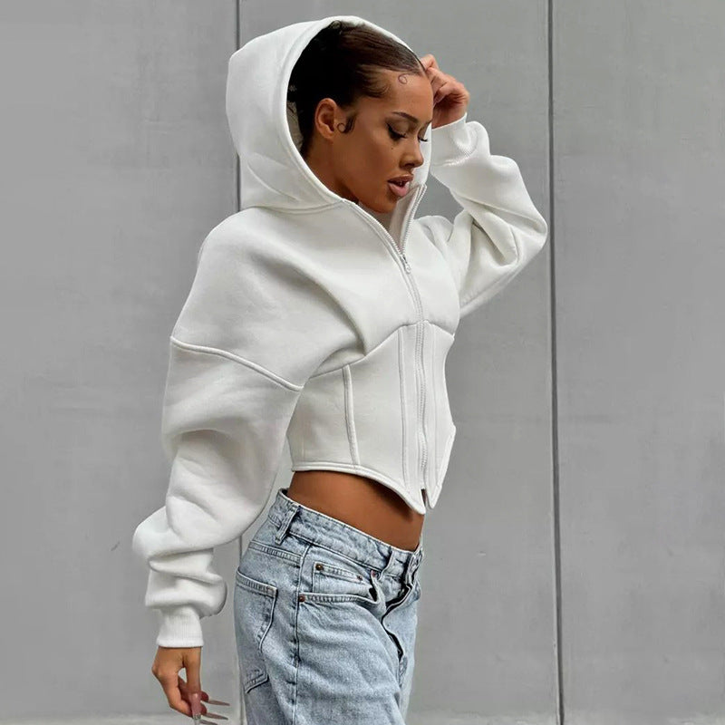 Casual zipper long sleeved hooded cardigan short jacket