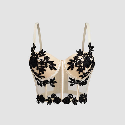 Embroidered Floral Sexy Sheer Mesh Fitted Boned Bustier