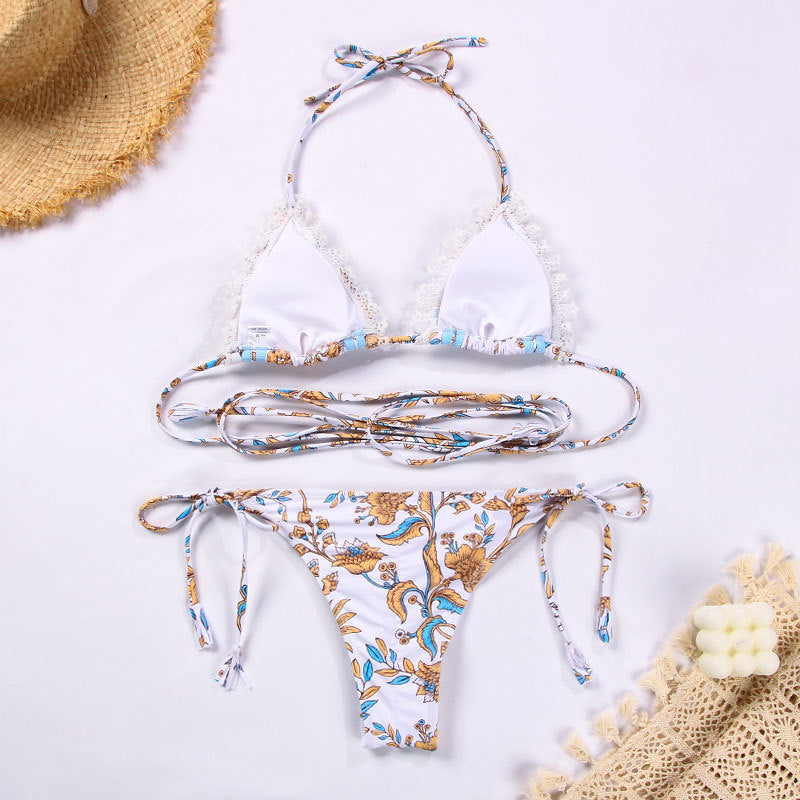 Cross-border Separated Swimsuit for Women European and American Sexy Webbing Splicing Lace-up Printed Bikini