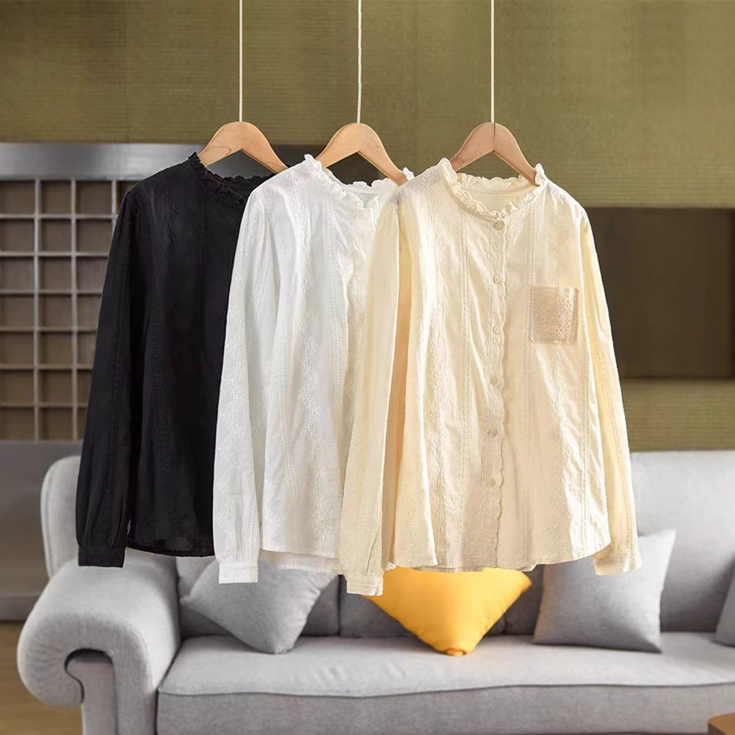 Vintage Embroidered Cotton Blouse Women's Literary Ruffled Collar Shirt Long Sleeve Top